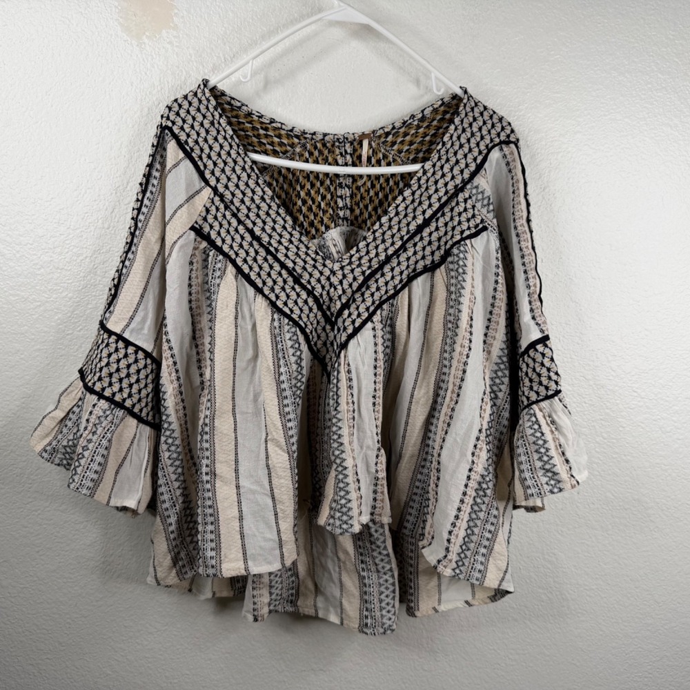 Free People Running On A Dream Top Ivory Sz Large Boho Flowy Festival Embroidery